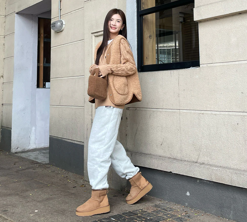 EVERAU? UGG Boots Sheepskin Wool Ankle Platform Thick Bottom Mini Classic