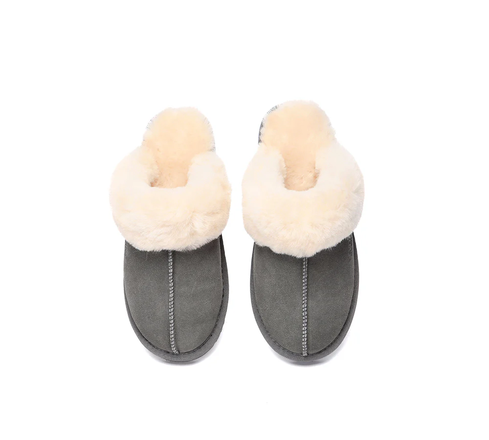 EVERAU? UGG Slippers Sheepskin Wool Suede Scuff Muffin
