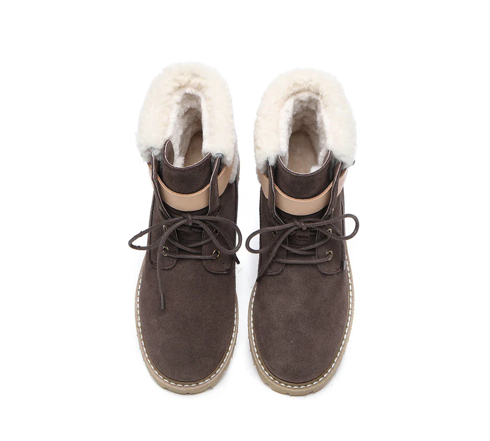 EVERAU? Women Sheepskin Wool Lace Up Fashion Boots Martin