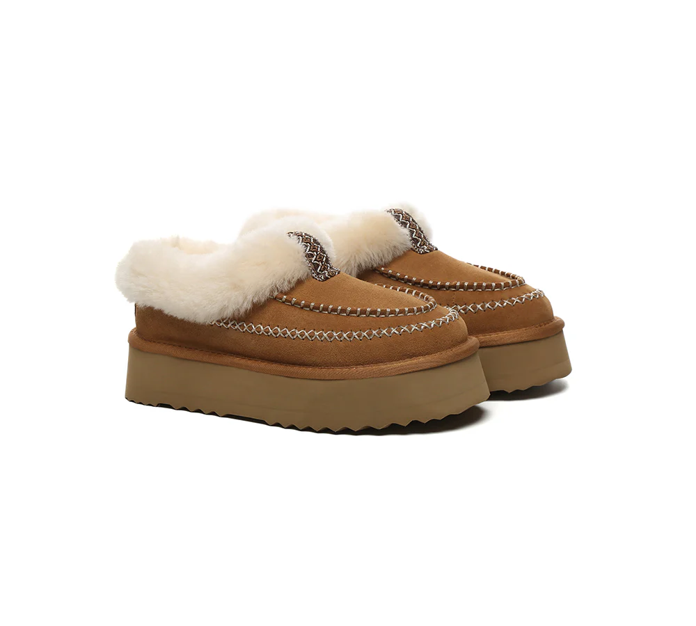 AUSTRALIAN SHEPHERD? UGG Slippers Women Sheepskin Wool Collar Ankle Platform Santana