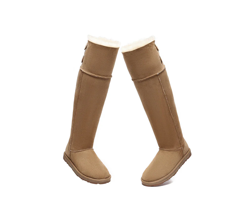 EVERAU? UGG Boots Women Double Faced Sheepskin Wool Tall Button Over-Knee Jenner