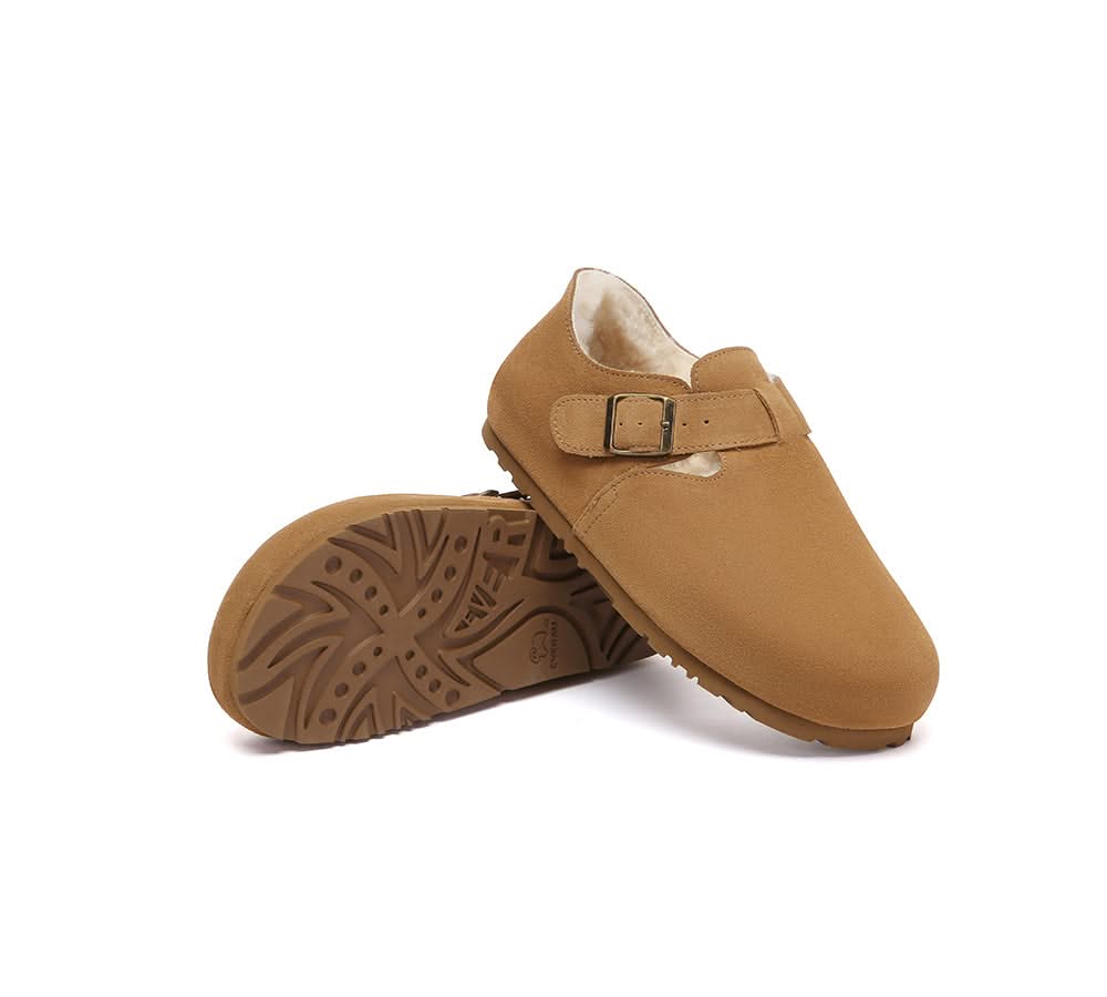 EVERAU? UGG Slippers Sheepskin Wool Adjustable Strap Clog Hazora