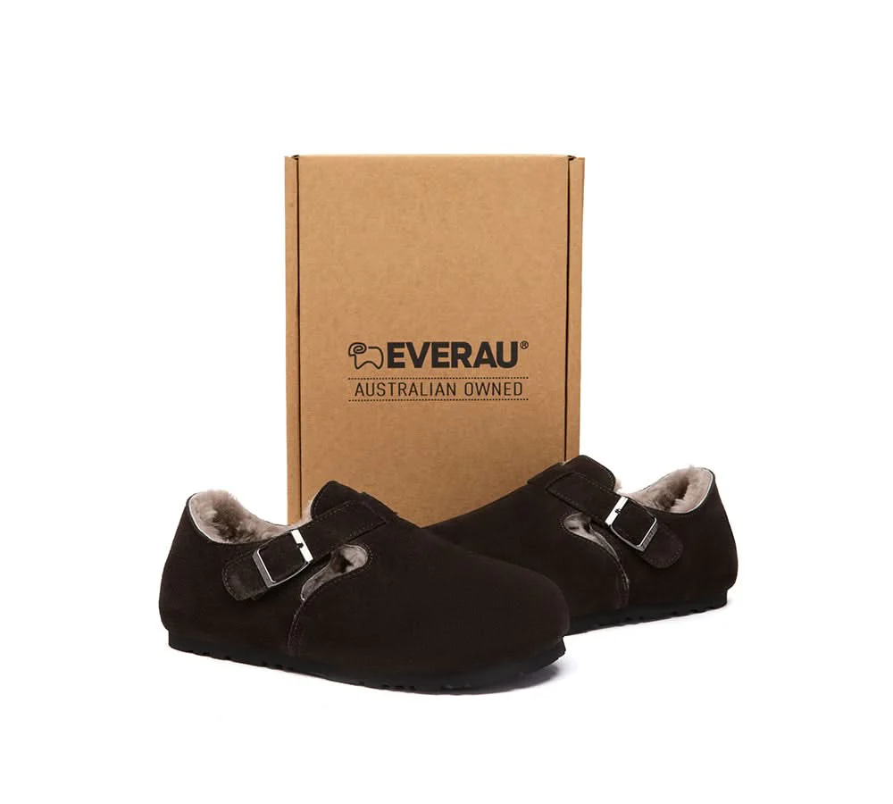 EVERAU? UGG Slippers Sheepskin Wool Adjustable Strap Clog Hazora