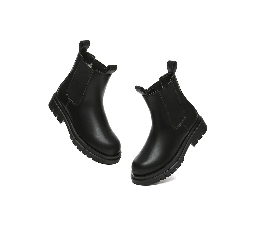 EVERAU? Women Leather Sheepskin Wool Black Chunky Boots Vaneta