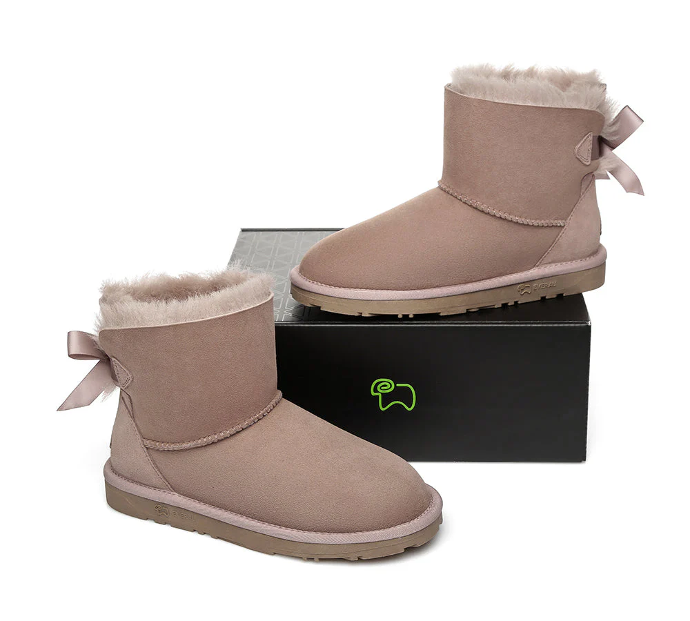 EVERAU? UGG Boots Women Sheepskin Wool Mini Single Back Bow