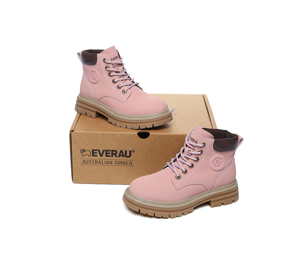 EVERAU? Women Leather Lace Up Chunky Boots Stephanie