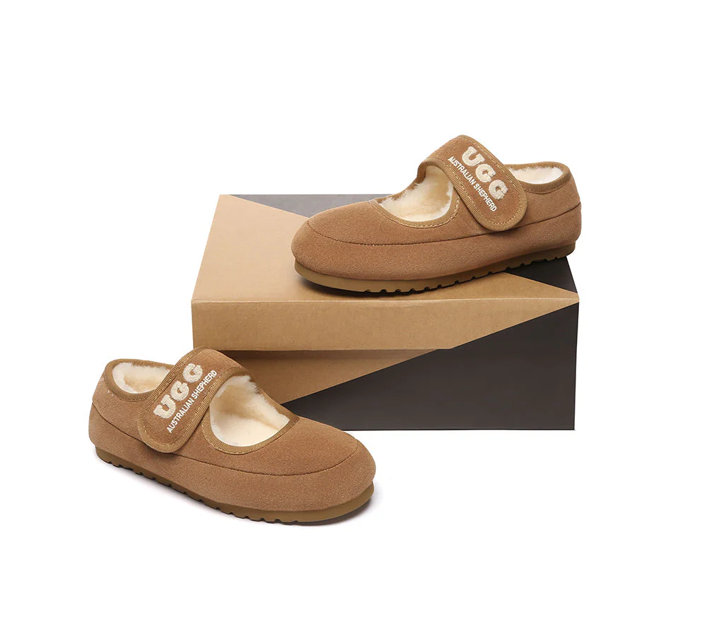 AUSTRALIAN SHEPHERD? UGG Slippers Sheepskin Wool Adjustable Strap Mary Jane Velvi