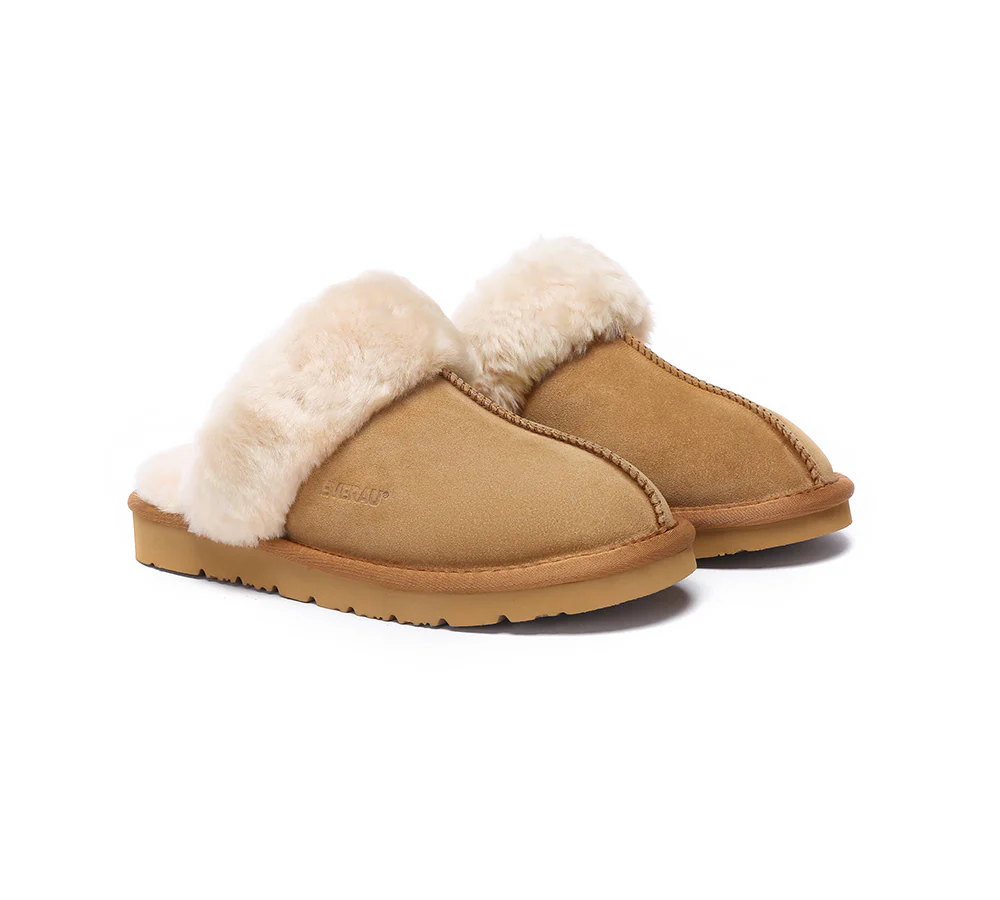 EVERAU? UGG Slippers Sheepskin Wool Suede Scuff Muffin