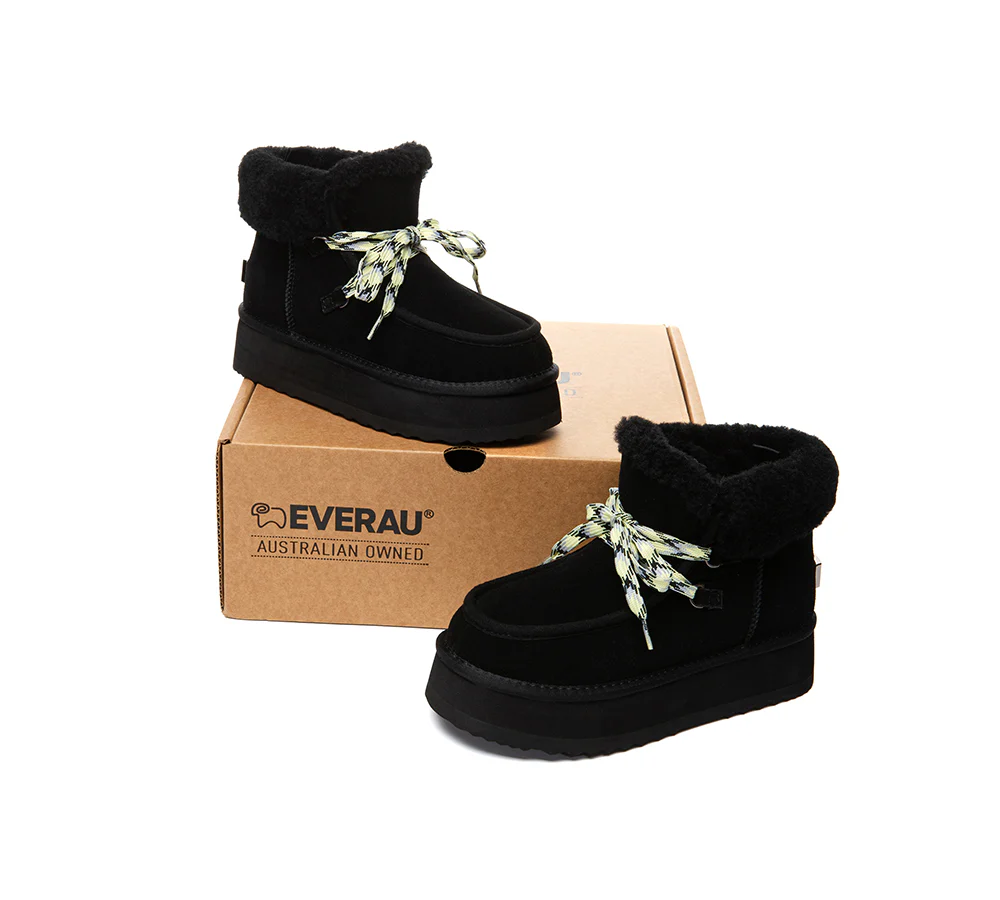 UGG EVERAU? UGG Boots Women Sheepskin Wool Lace Up Ankle Platform Honour