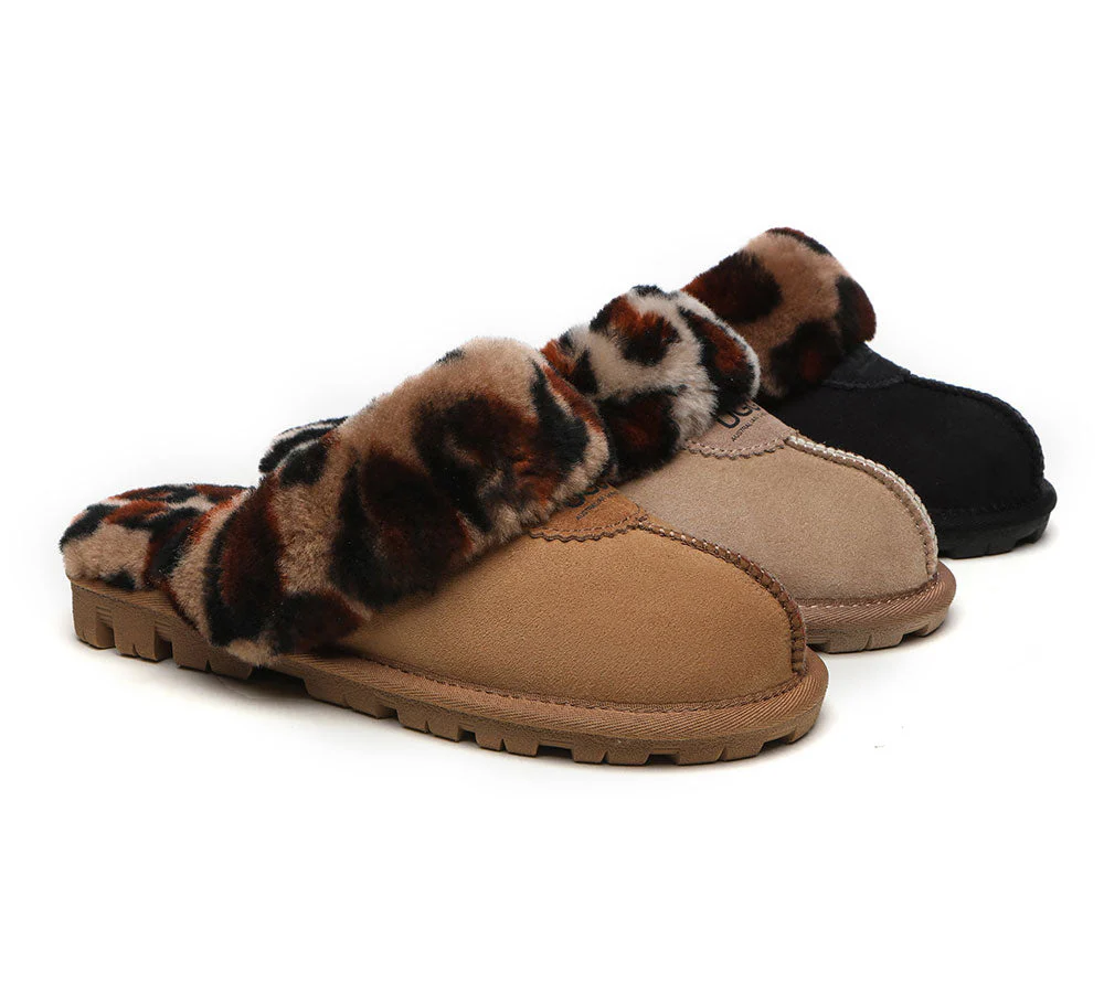 AUSTRALIAN SHEPHERD? UGG Slippers Women Double Face Sheepskin Wool Leopard Print