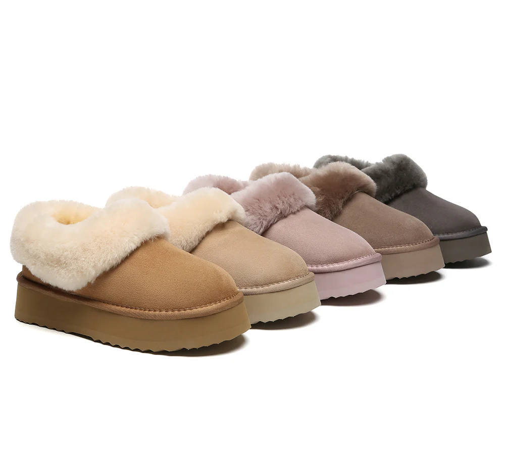 AUSTRALIAN SHEPHERD? UGG Slippers Women Sheepskin Wool Collar Ankle Platform Clarrie