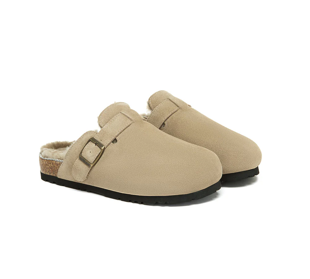 EVERAU? UGG Slippers Sheepskin Wool Adjustable Strap Clog Hazco