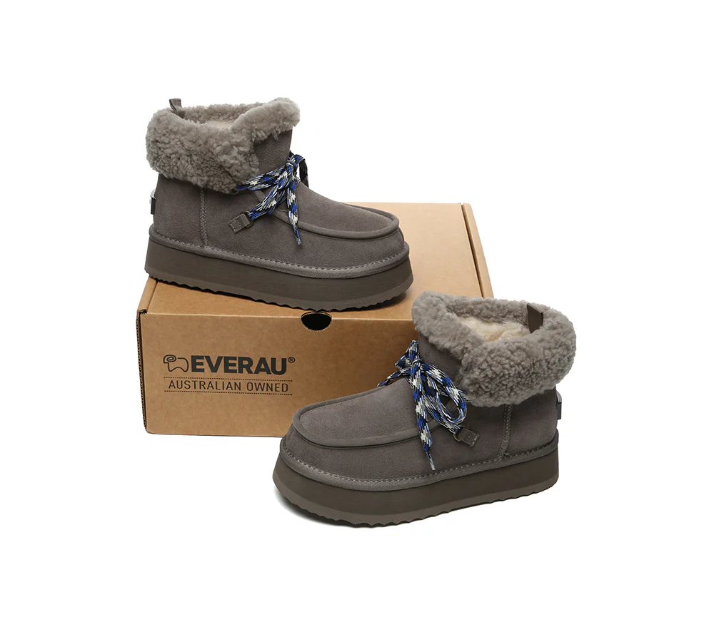 UGG EVERAU? UGG Boots Women Sheepskin Wool Lace Up Ankle Platform Honour