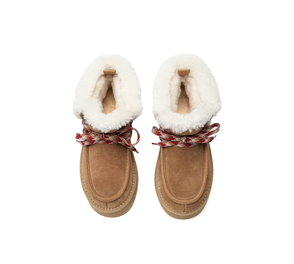 UGG EVERAU? UGG Boots Women Sheepskin Wool Lace Up Ankle Platform Honour