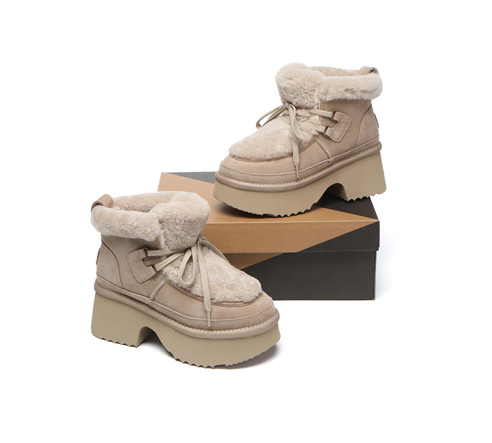 AUSTRALIAN SHEPHERD? UGG Boots Women Sheepskin Wool Lace Up Chunky Platform Bumpy