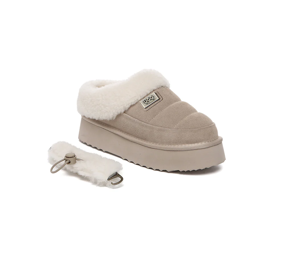 UGG EVERAU? UGG Slippers Women Removable Wool Strap Drawstring Slingback Platform Paige