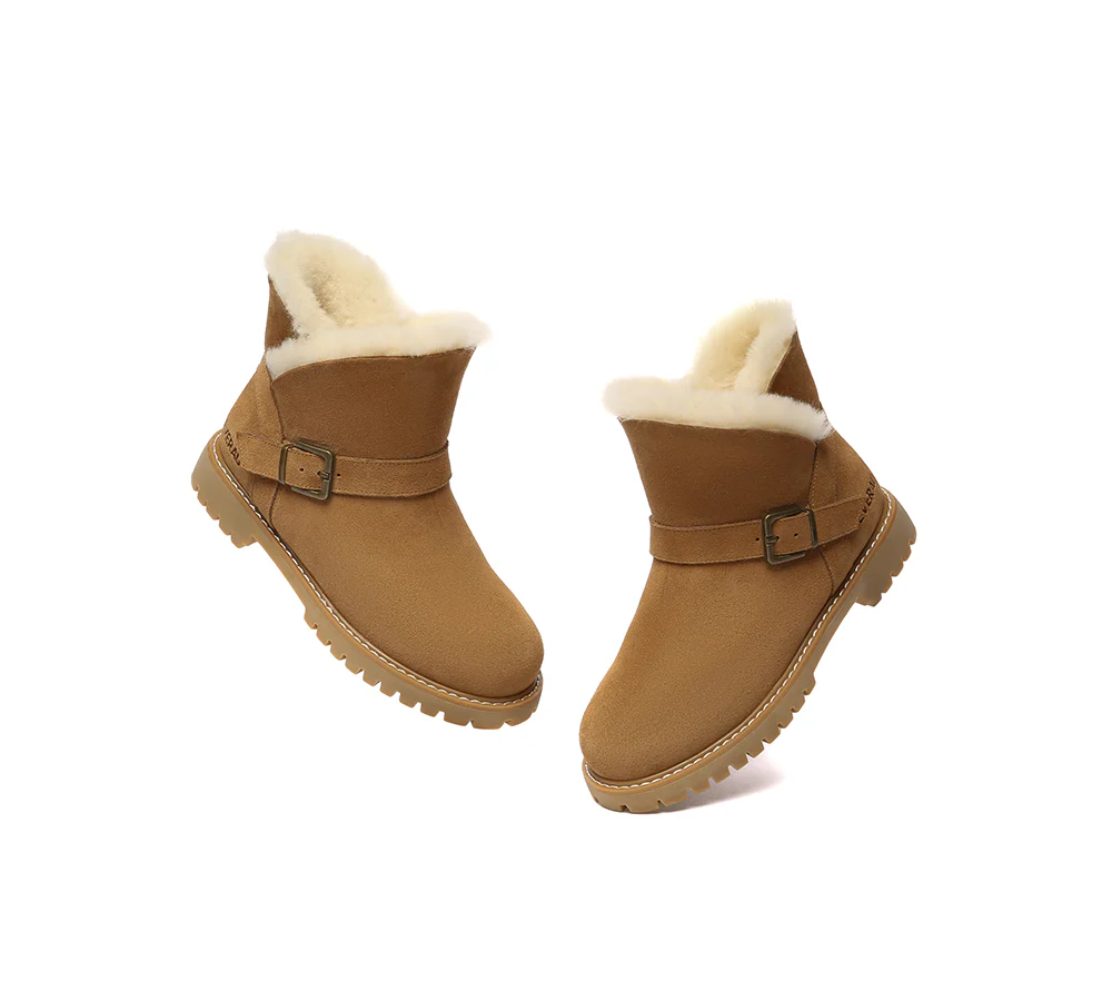 EVERAU? UGG Boots Women Sheepskin Wool Buckle Decor Ankle Polarwalk