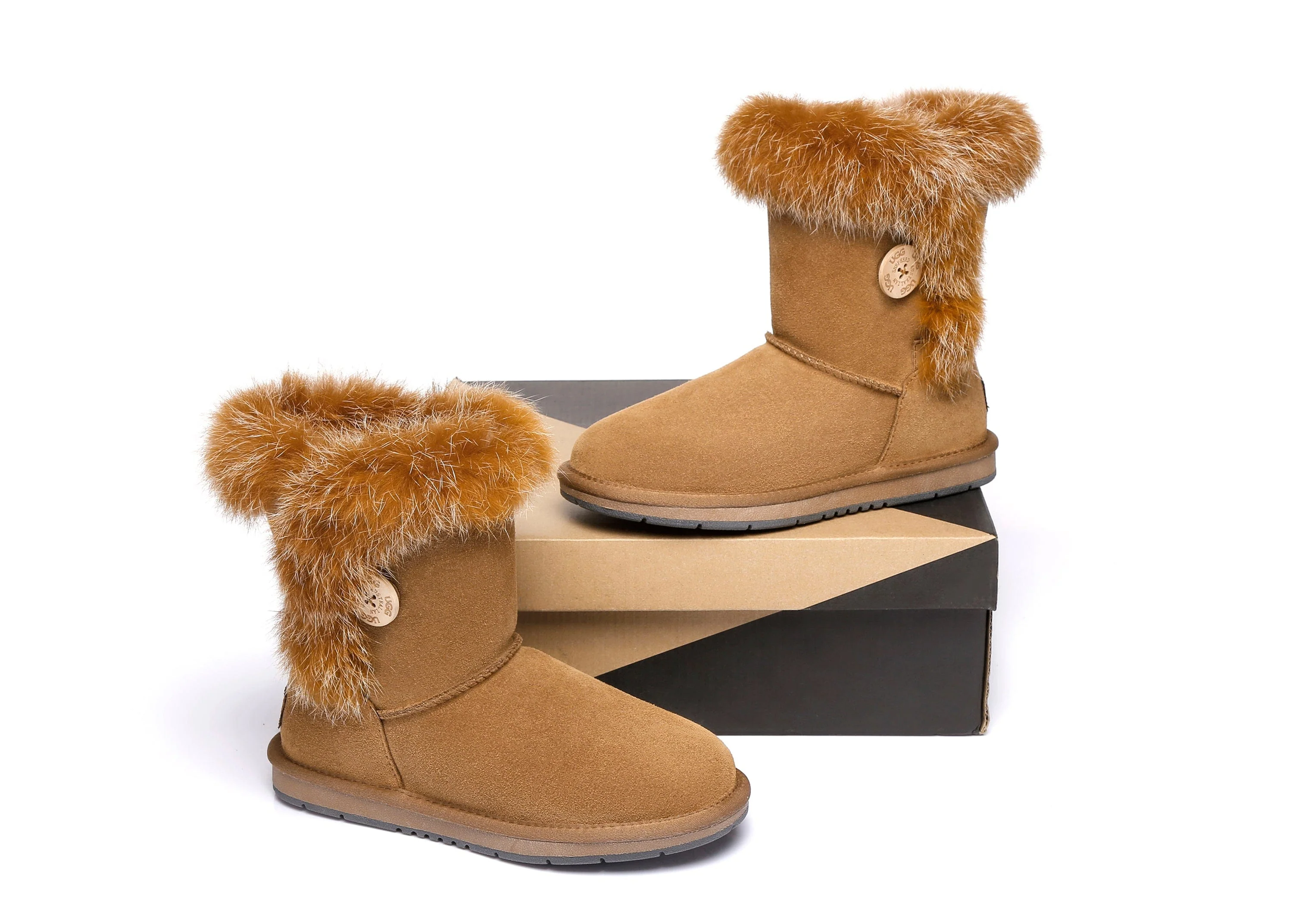 AUSTRALIAN SHEPHERD? UGG Boots Women Sheepskin Wool Collar Short Button Donna