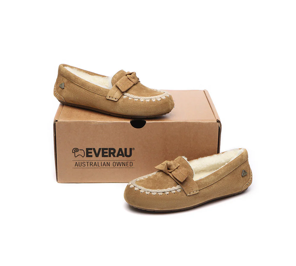 EVERAU? UGG Slippers Women Sheepskin Wool Bow Ankle Woven Moccasins