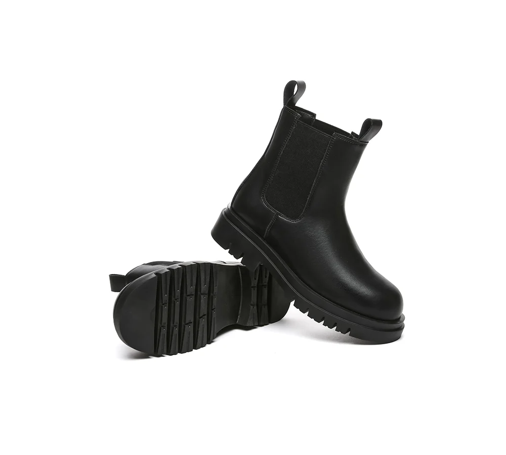 EVERAU? Women Leather Sheepskin Wool Black Chunky Boots Vaneta