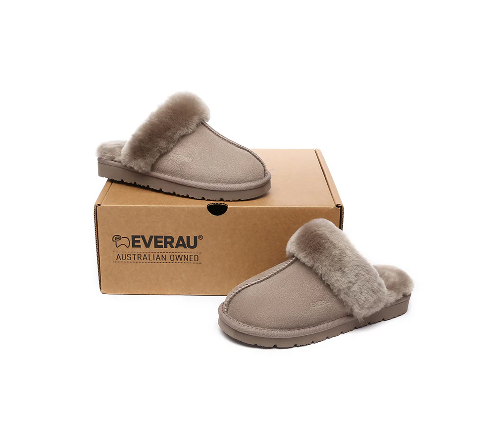 EVERAU? UGG Slippers Sheepskin Wool Suede Scuff Muffin