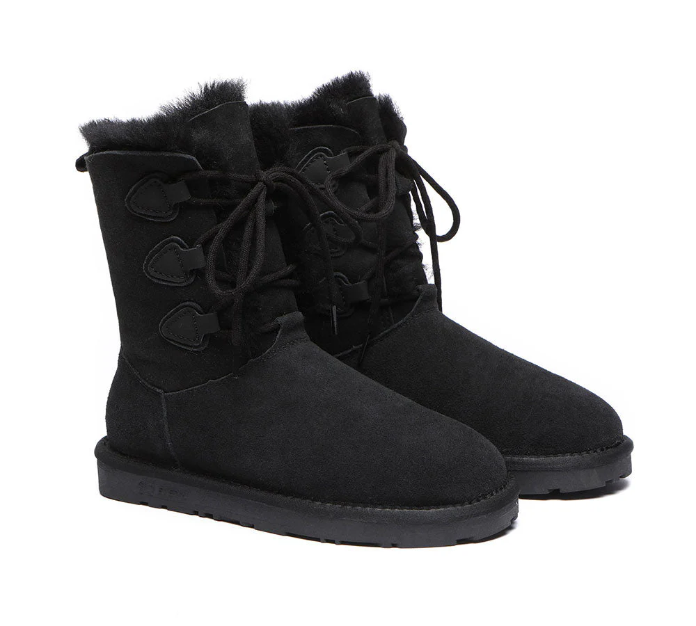 EVERAU? UGG Boots Women Sheepskin Wool Lace Up Tall Stark