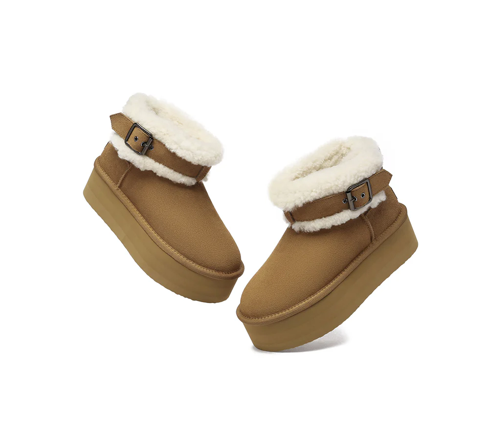 UGG EVERAU? UGG Boots Sheepskin Wool Adjustable Buckle Ankle Platform Ula