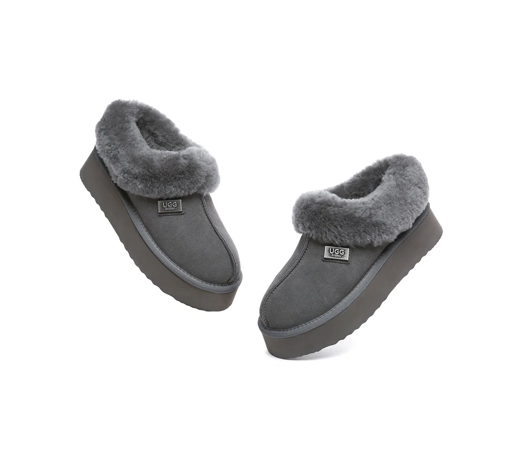UGG EVERAU? UGG Slippers Women Sheepskin Wool Collar Ankle Platform Gabri
