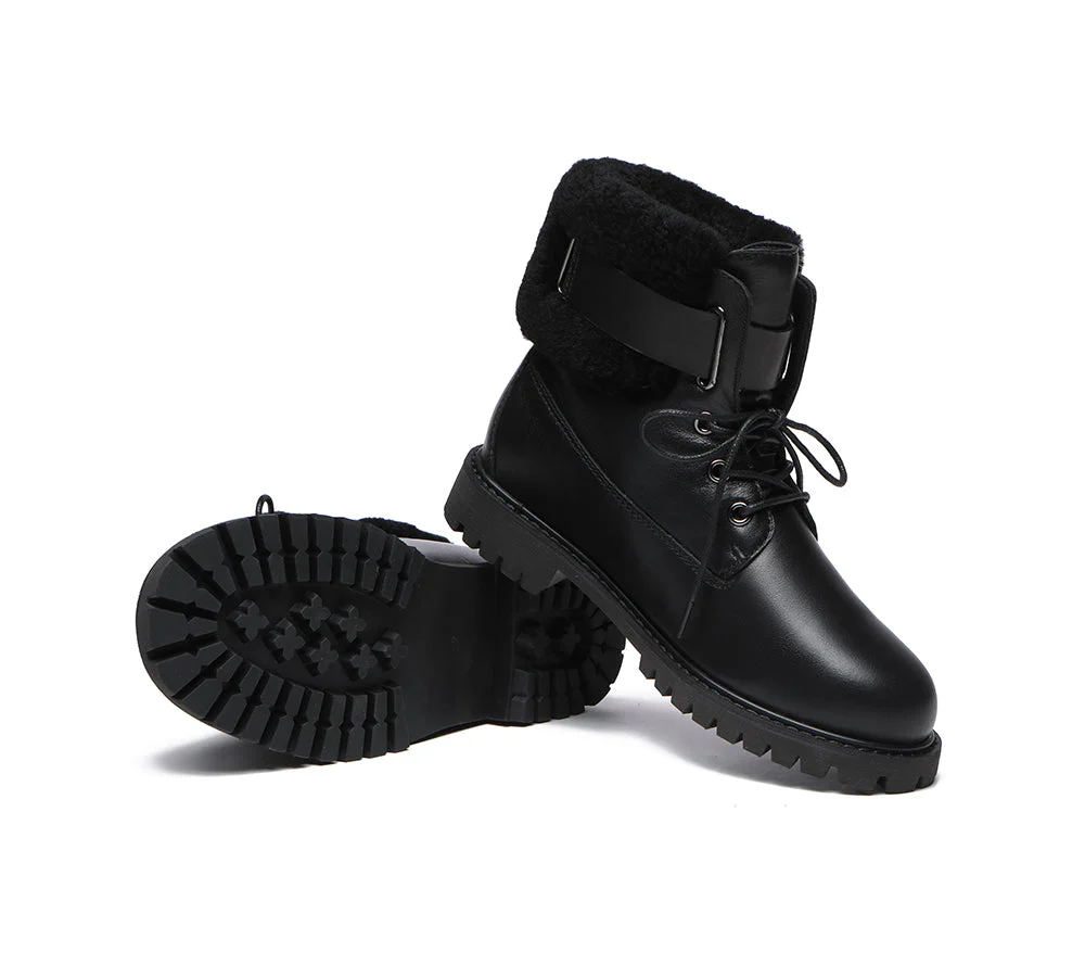 EVERAU? Women Sheepskin Wool Lace Up Fashion Boots Martin