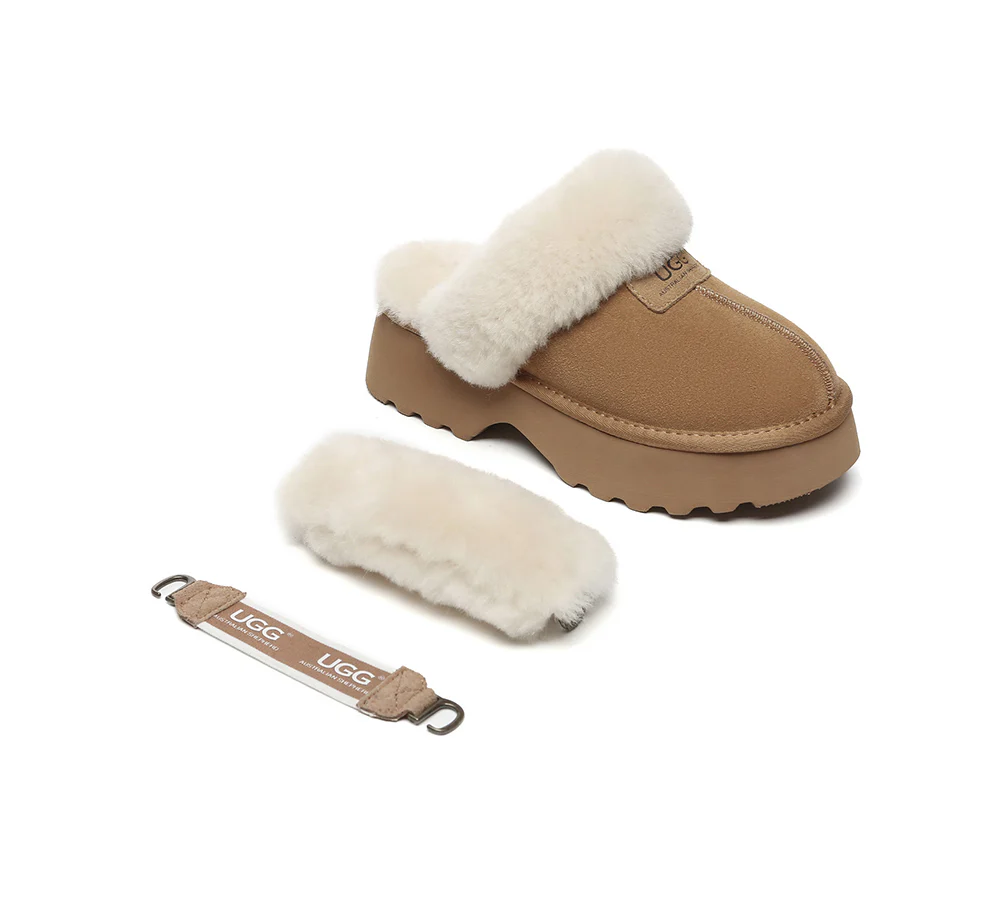 AUSTRALIAN SHEPHERD? UGG Slippers Women Removable Wool Strap Slingback Chunky Platform Muna