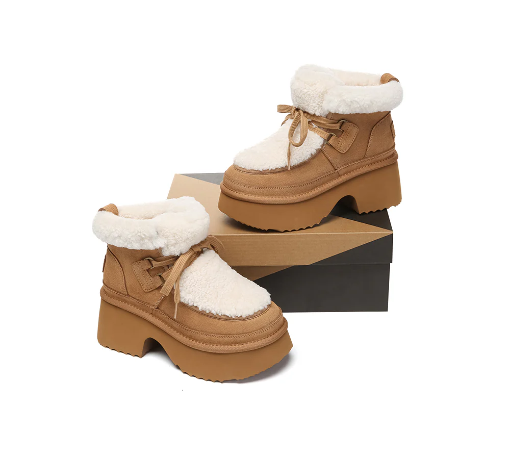 AUSTRALIAN SHEPHERD? UGG Boots Women Sheepskin Wool Lace Up Chunky Platform Bumpy