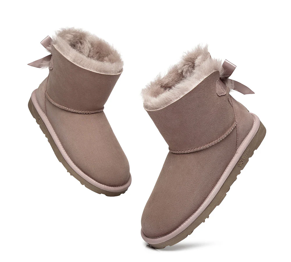 EVERAU? UGG Boots Women Sheepskin Wool Mini Single Back Bow
