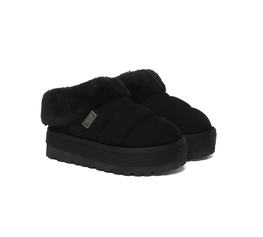 UGG EVERAU? UGG Slippers Women Sheepskin Wool Collar Ankle Platform Ulrika