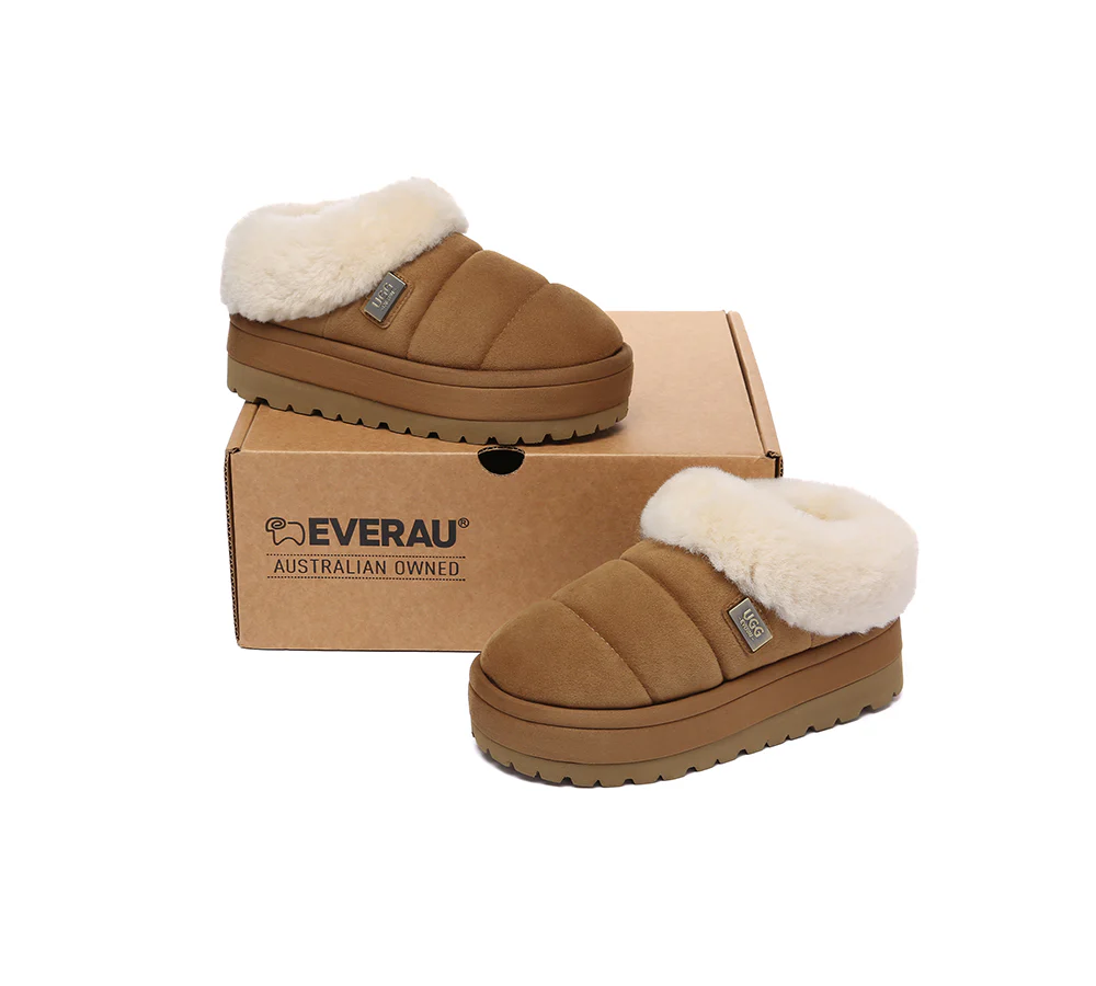 UGG EVERAU? UGG Slippers Women Sheepskin Wool Collar Ankle Platform Ulrika