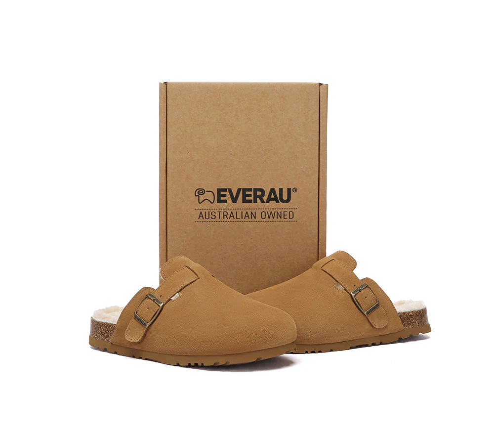 EVERAU? UGG Slippers Sheepskin Wool Adjustable Strap Clog Hazco