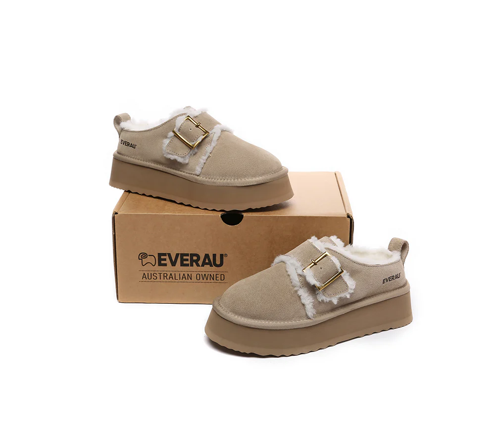 EVERAU? UGG Slippers Sheepskin Wool Adjustable Buckle Ankle Platform Tobias