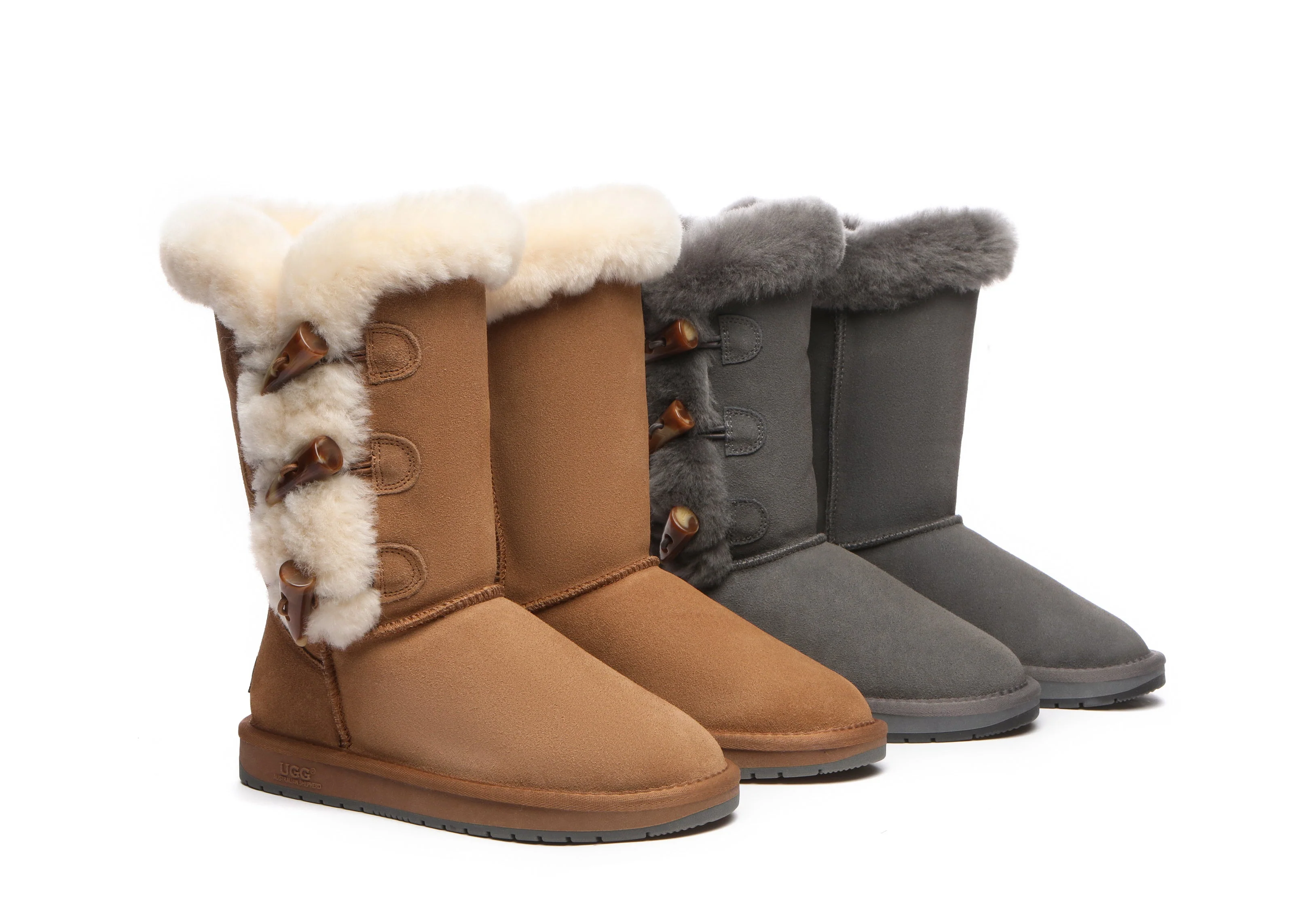 AUSTRALIAN SHEPHERD? UGG Boots Women Sheepskin Wool Horn Toggle Closure Tall Tamari