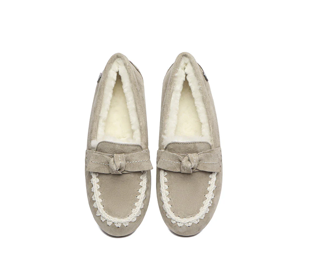 EVERAU? UGG Slippers Women Sheepskin Wool Bow Ankle Woven Moccasins