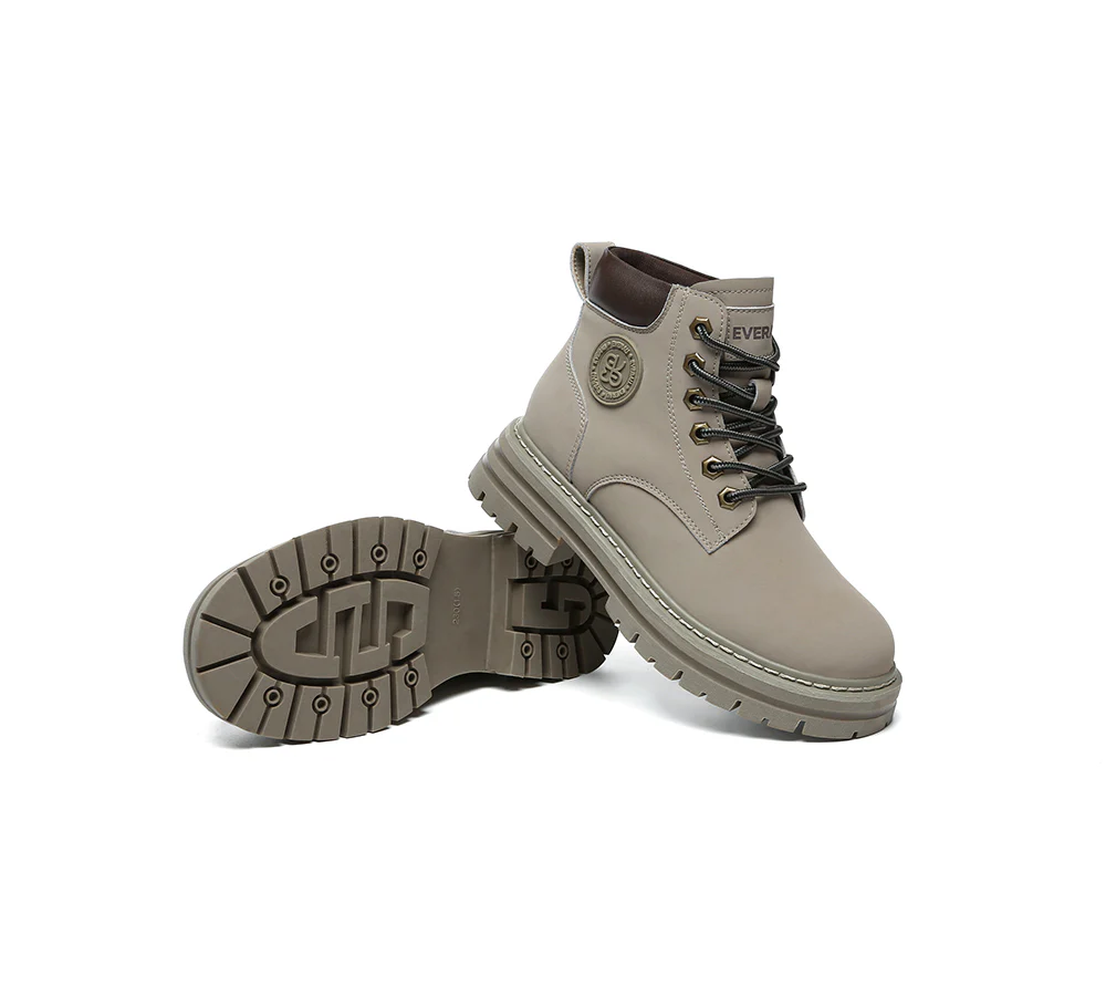 EVERAU? UGG Boots Women Leather Sheepskin Wool Lace Up Chunky Aubrey