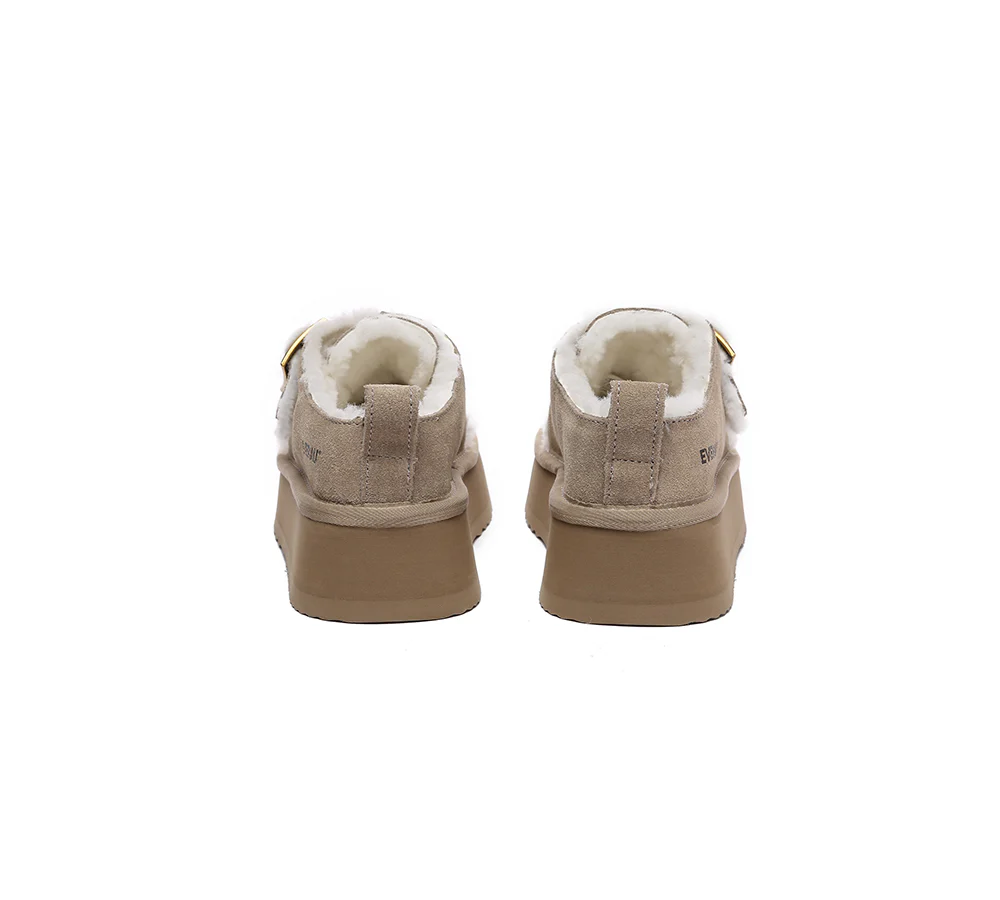 EVERAU? UGG Slippers Sheepskin Wool Adjustable Buckle Ankle Platform Tobias