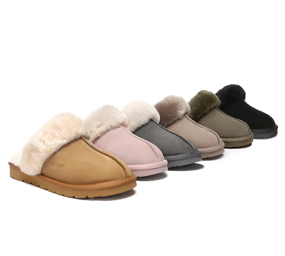 EVERAU? UGG Slippers Sheepskin Wool Suede Scuff Muffin