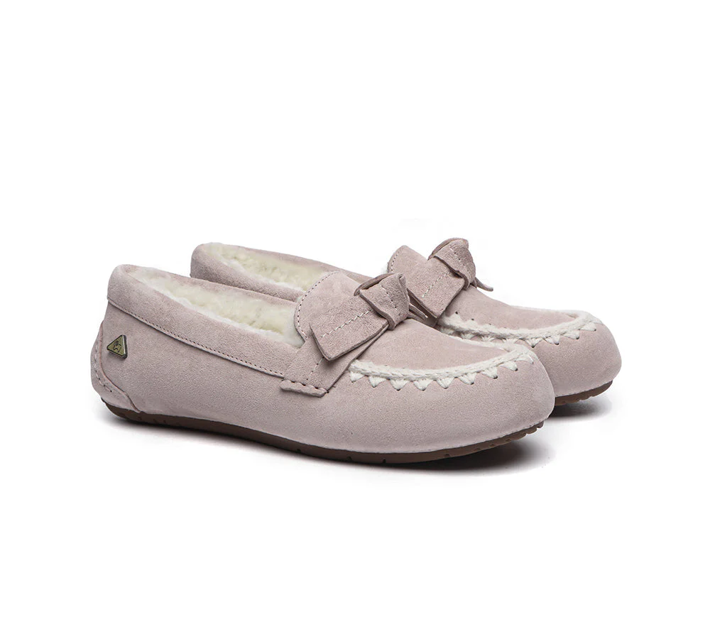 EVERAU? UGG Slippers Women Sheepskin Wool Bow Ankle Woven Moccasins