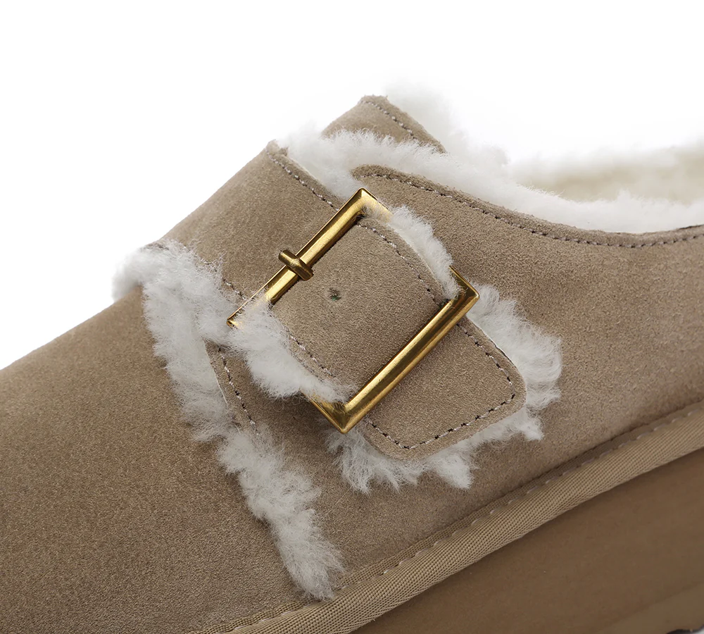 EVERAU? UGG Slippers Sheepskin Wool Adjustable Buckle Ankle Platform Tobias