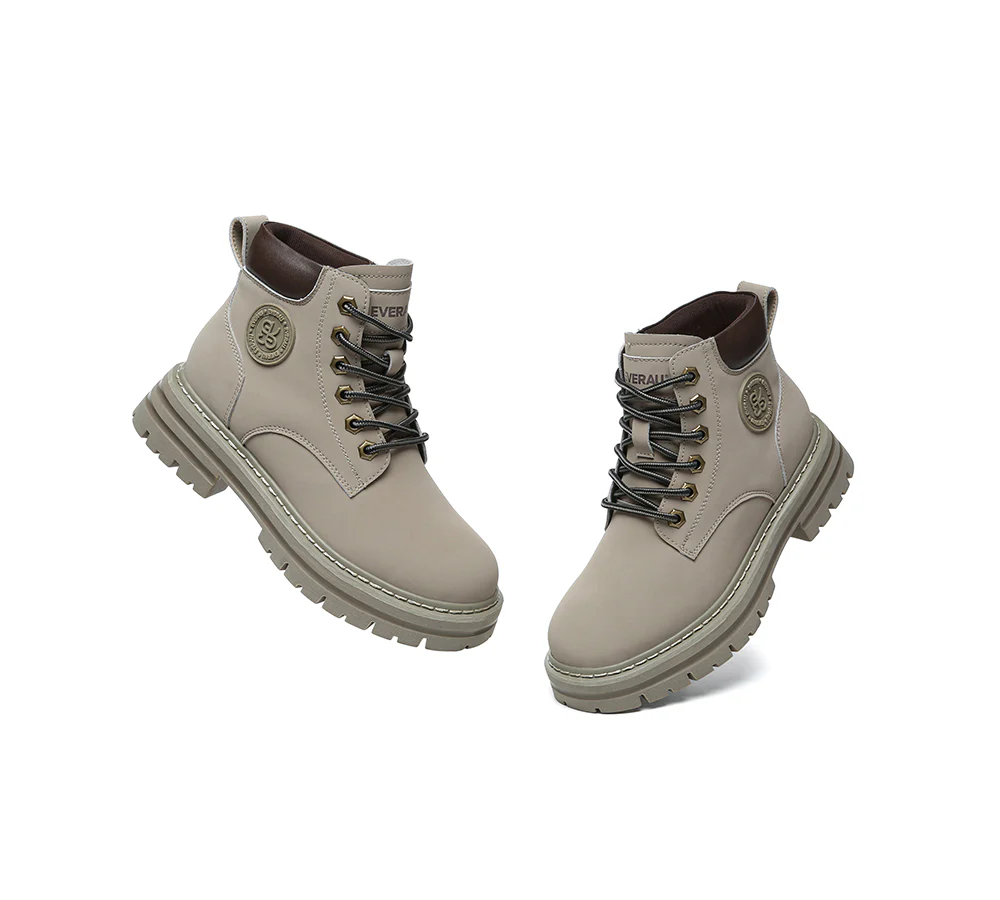 EVERAU? UGG Boots Women Leather Sheepskin Wool Lace Up Chunky Aubrey