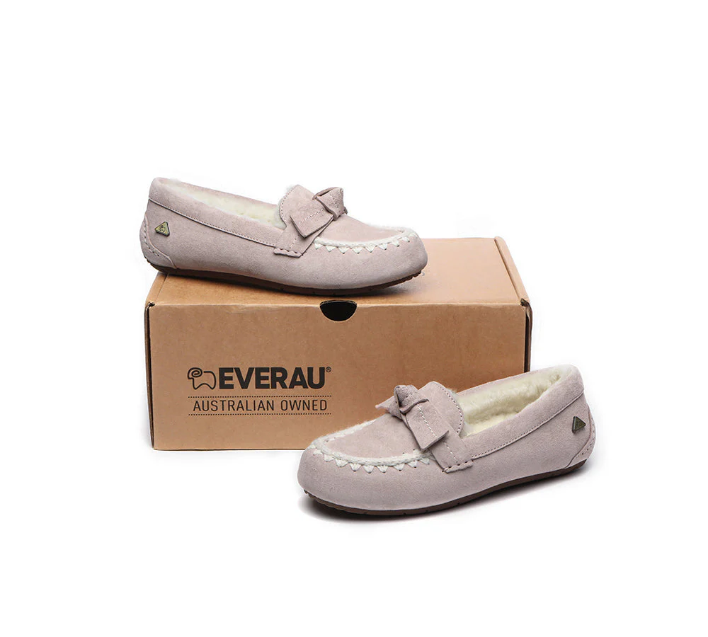 EVERAU? UGG Slippers Women Sheepskin Wool Bow Ankle Woven Moccasins