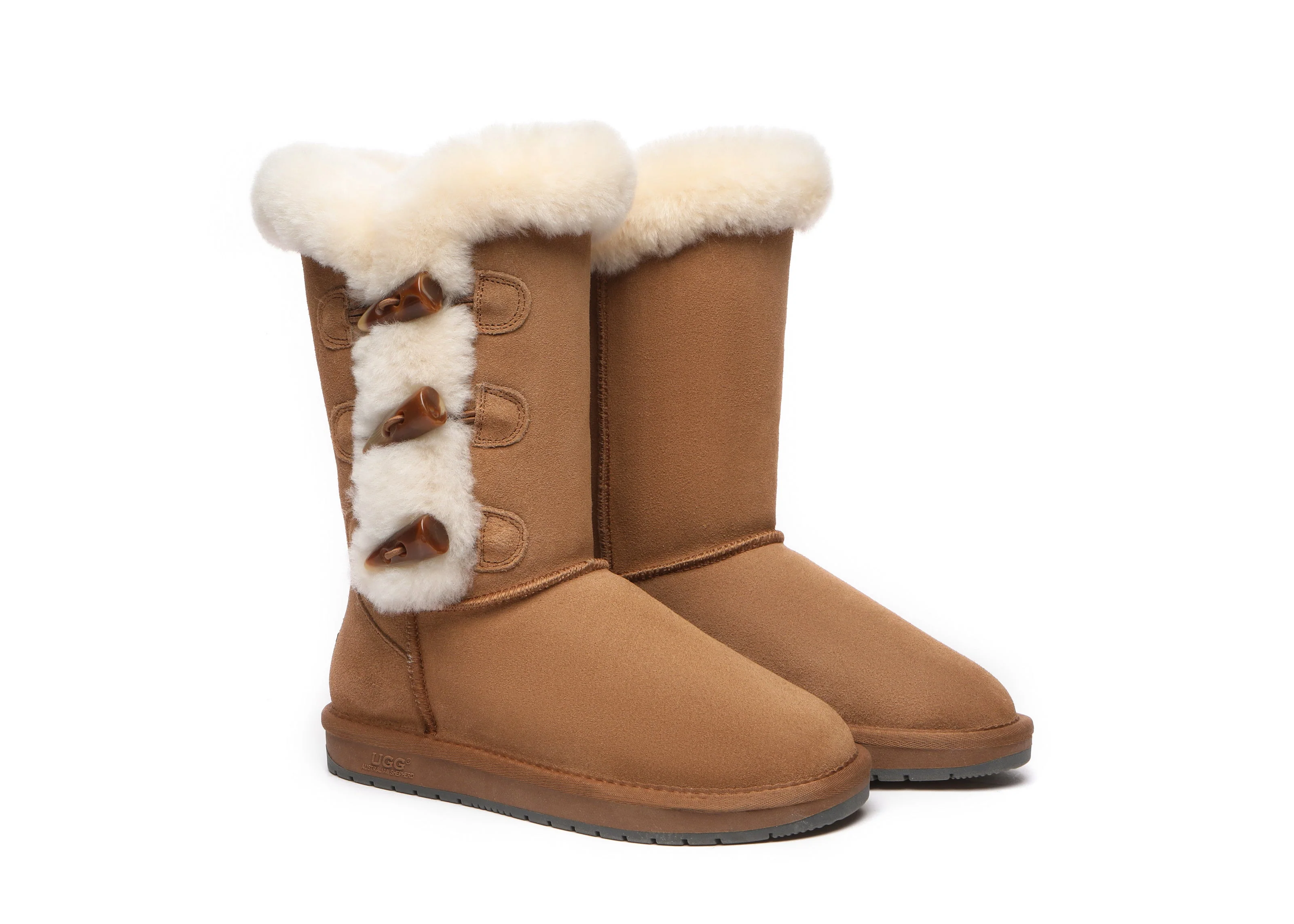 AUSTRALIAN SHEPHERD? UGG Boots Women Sheepskin Wool Horn Toggle Closure Tall Tamari