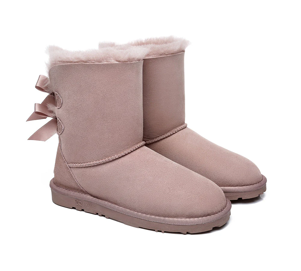 EVERAU? UGG Boots Women Sheepskin Wool Double Baily Short Back Bow