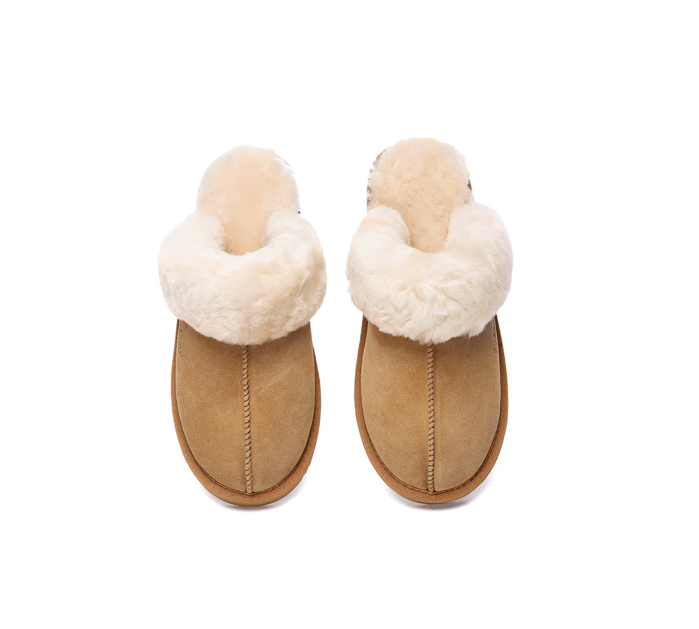 EVERAU? UGG Slippers Sheepskin Wool Suede Scuff Muffin