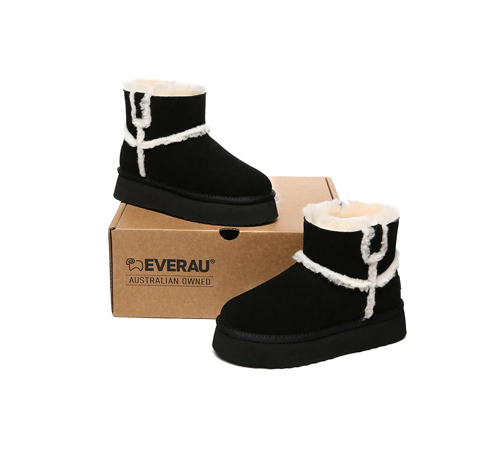 EVERAU? UGG Boots Women Sheepskin Wool Shearling Lined Ankle Platform Schunck