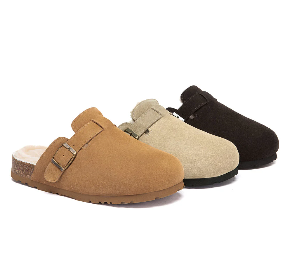 EVERAU? UGG Slippers Sheepskin Wool Adjustable Strap Clog Hazco